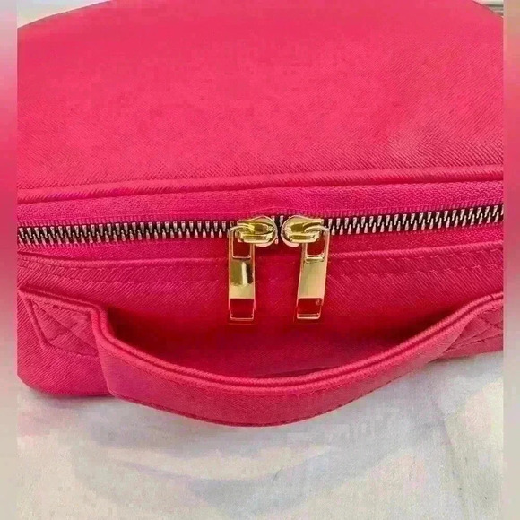 Hot pink faux leather travel makeup case with gold hardware. NWOT. - Picture 3 of 8